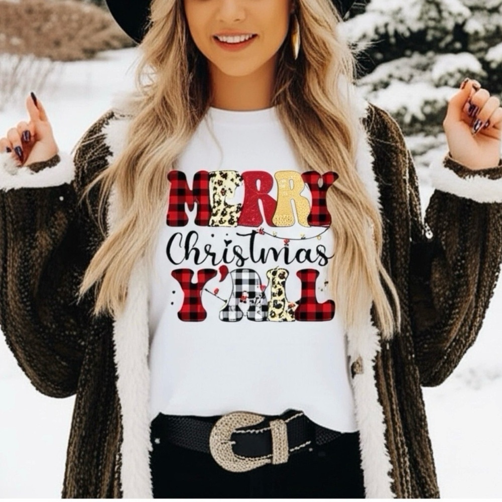 Merry Christmas Y'all Leopard Print Graphic White Oversized Cotton T Shirt Sz M